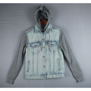 Eighty Two Denim Jean Jacket Size XSmall Blue Button Up Hooded Gray Sleeves